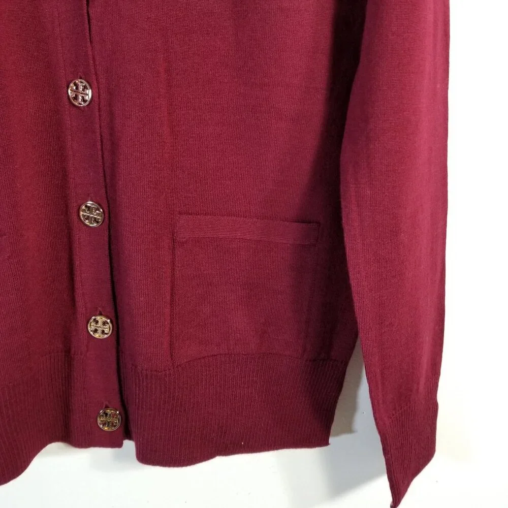NWT Tory Burch Madeline 100% Merino Wool Cardigan Garnet Red‎ Logo Button XS